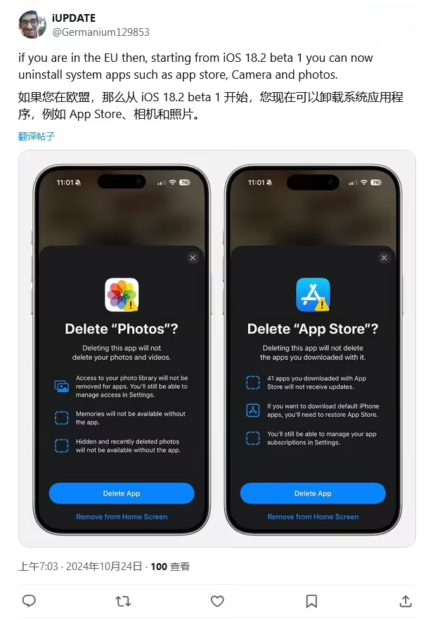 海南藏族苹果手机维修分享iOS 18.2 支持删除 App Store 应用商店 